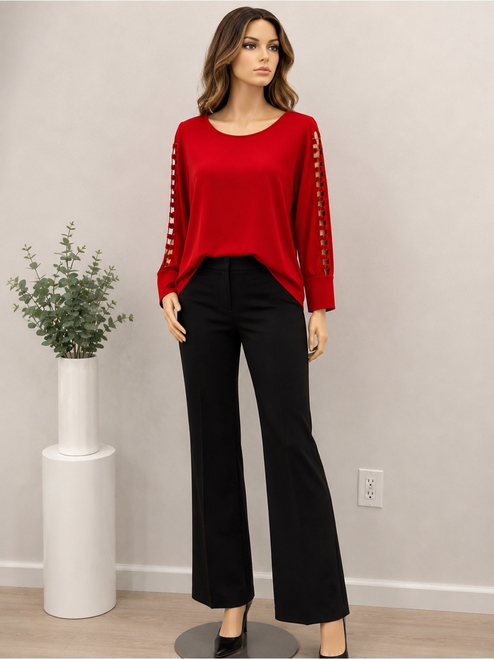 Women’s Red Long Sleeve Top Size L Ladder Cutout Sleeve Detail